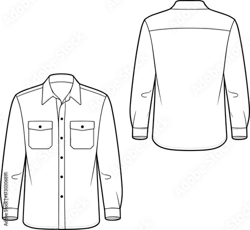 Flat vector CAD illustration of classic button-up shirt with collar, chest flap pockets, long sleeves, front and back technical drawing
