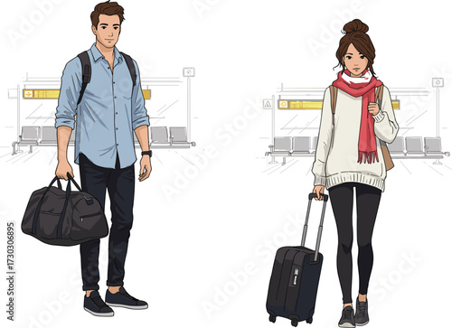 Travelers at airport, man carrying duffel bag, woman pulling suitcase, travel lifestyle, journey, vacation, tourism, adventure