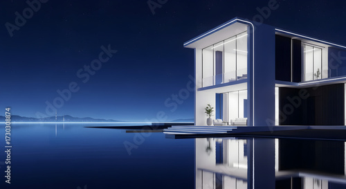 Modern Luxury Waterfront Home at Night Dream Home and Real Estate Concept