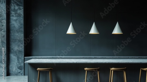 dark modern minimalist interior, sleek wooden table with three white triangle pendant lights, concrete wall with shadows, simple bar stools, moody atmospheric lighting
