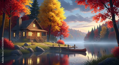 Cozy Lakeside Cabin in Autumn with Vibrant Fall Foliage and Serene Landscape