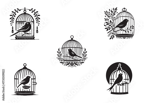 bird in a cage logo design silhouette vectors illustration, bird in a cage silhouette vector logo, silhouette birdcage vector logo, vintage black birdcage logo silhouettes vector on a white background