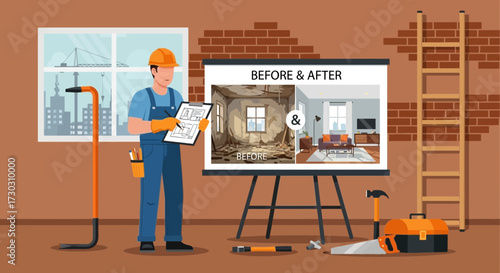 Renovation project concept featuring a contractor presenting a before and after comparison