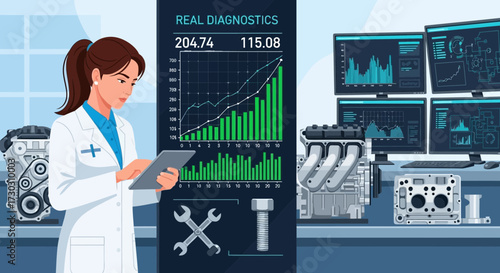 Automotive engineer using digital tablet for real time vehicle diagnostics analysis