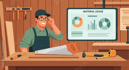 Carpenter reviewing material usage charts in his woodworking workshop effectively
