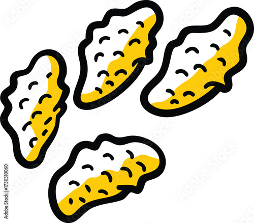 Four abstract yellow and white shapes with black outlines and speckles vector