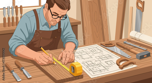 Artistic rendering of a craftsman at work on carpentry designs in his workshop