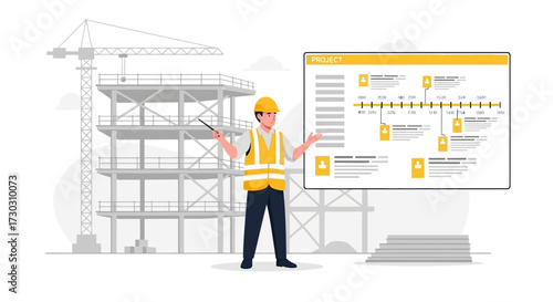 Construction site manager presenting project timeline on digital board illustration