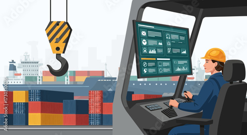 Illustrated global shipping management overseeing port logistics operation process