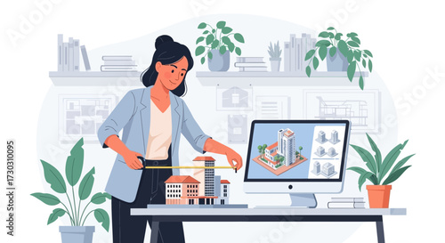 Architectural Vision: Woman Measuring Building Model in Design Studio Setting