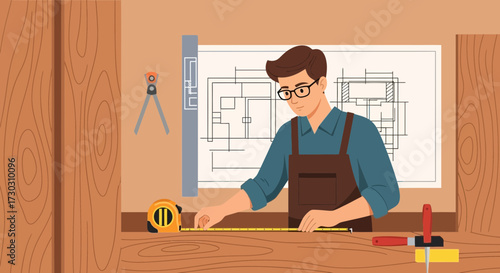 Carpenter meticulously measures wood with blueprint for a home renovation project
