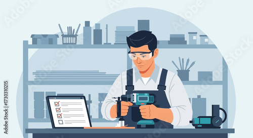 Digital Illustration of a Carpenter Using a Drill with a Checklist on a Tablet