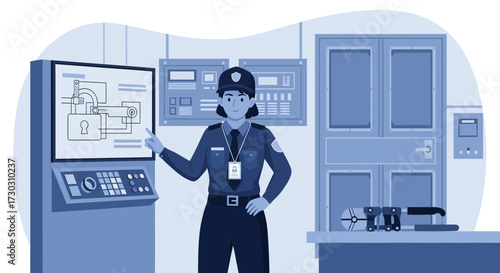 Female security guard monitoring a control panel for enhanced safety protocols