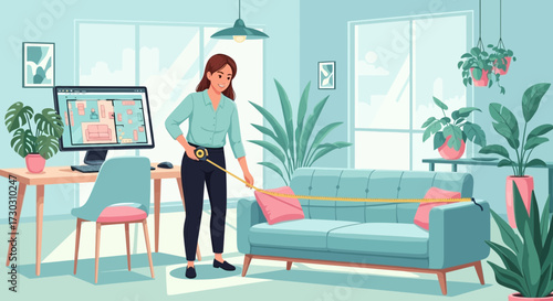 Illustrative room planning with furniture measurement for interior design concept
