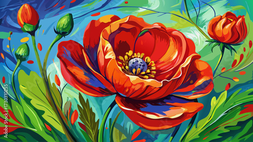 

Red poppy flowers brush strokes acrylic painting on textured canvas surface, vibrant floral composition, expressive art style, bold colors, delicate petals, nature-inspired creativity, 