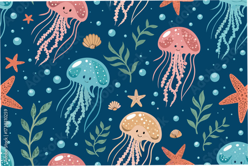 A playful and colorful underwater scene with jellyfish and starfish.
