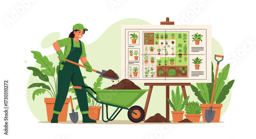 Dedicated woman gardening with plants and a wheelbarrow in a flourishing garden