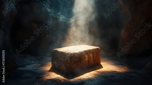 A rectangular stone altar is illuminated by a beam of light in a dark, cavernous setting. The scene evokes a sense of mystery and spirituality.