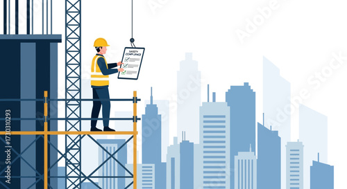 Illustrative construction worker reviewing checklist on scaffolding with city backdrop