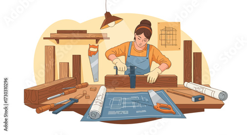 Female carpenter crafting with precision in a cozy workshop atmosphere