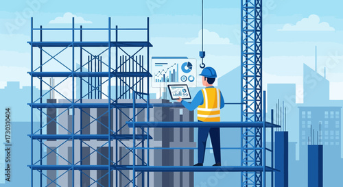 Digital oversight: An engineer reviewing construction data on site via tablet