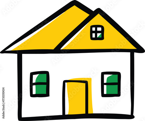 Simple yellow and white house illustration with green windows and black outlines home building