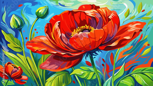 very beautiful Red Poppy Flowers Brush Strokes Acrylic Painting. Canvas Texture. 