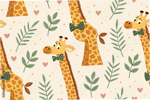 Cute cartoon giraffes with bow ties and leaves in a repeating pattern.