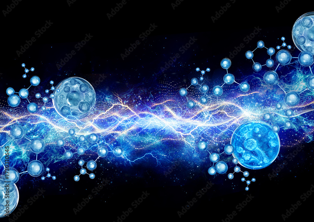 Obraz premium blue bubble and molecule on thunder power background