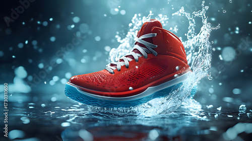 Vibrant red sports shoe moving through a powerful water splash, showcasing a dynamic design element and reflecting light.