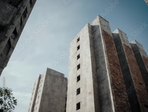 Low-angle view of unfinished or damaged concrete apartment buildings against a light blue sky