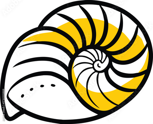 Stylized nautilus shell cross section with black outlines and yellow fill spiral marine life