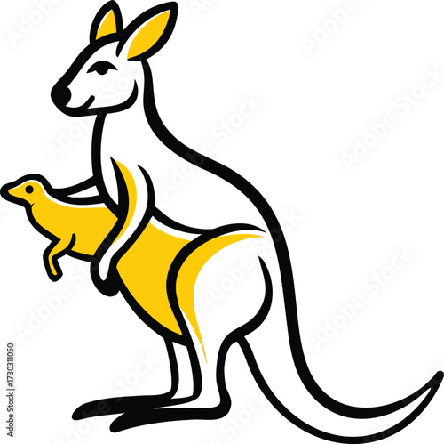 Stylized white kangaroo with yellow joey in pouch black outlines marsupial animal