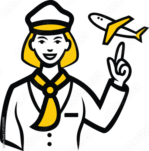 Stylized woman in uniform with yellow tie pointing at a yellow airplane icon pilot flight attendant