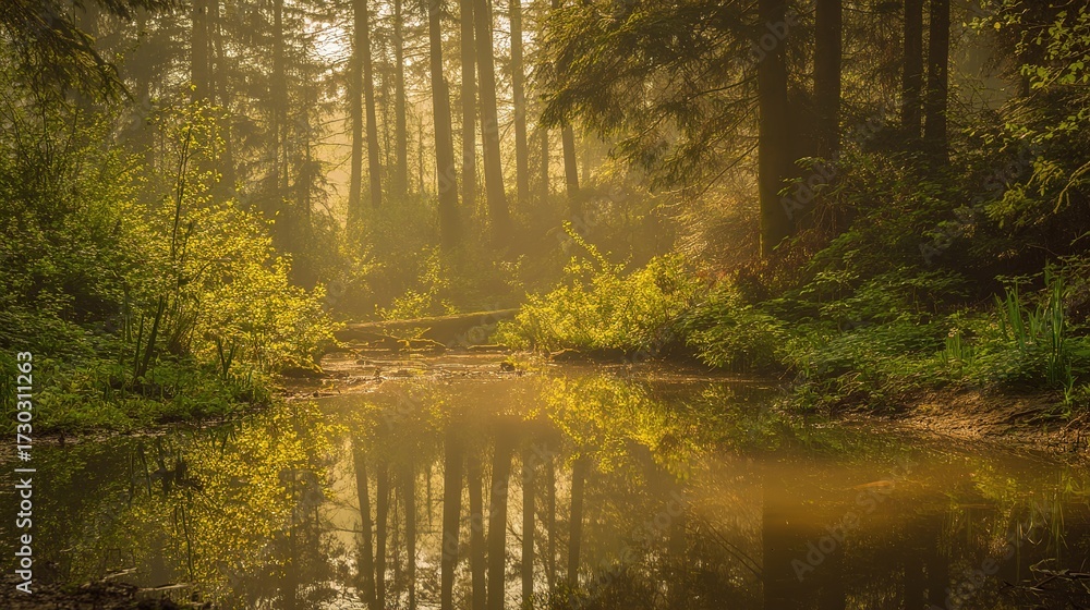 Obraz premium mirror. A serene forest scene reflected perfectly in still water, illuminated by golden sunlight filtering through trees. travel magazines.