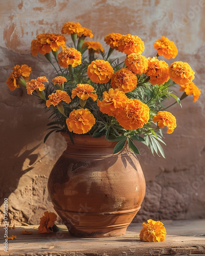 Wallpaper Mural Earthen vessel holding a vibrant bouquet of marigold blossoms in a rustic setting Torontodigital.ca