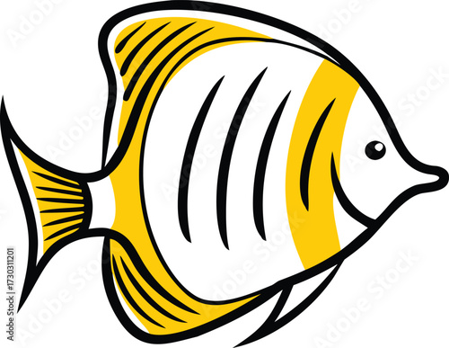 Stylized yellow and white fish with black outlines and stripes vector