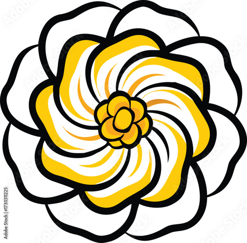 Stylized yellow and white flower with black outlines and swirling petals vector 1