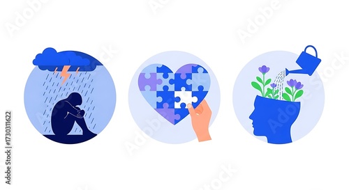 Mental health icons showing sadness, healing through connection, and growth through nurturing world mental health day background