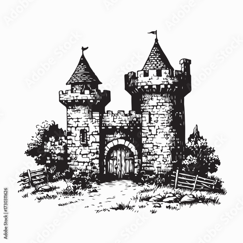 Medieval Stone Castle with Two Tall Towers Isolated on White Background Vector Art
