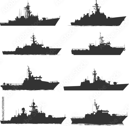 Set silhouettes of navy ship isolated on transparent background. Vector illustration