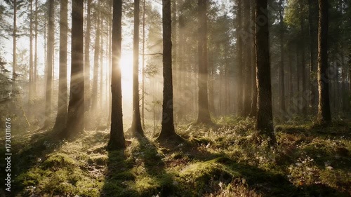 Sunlight streams through a misty forest