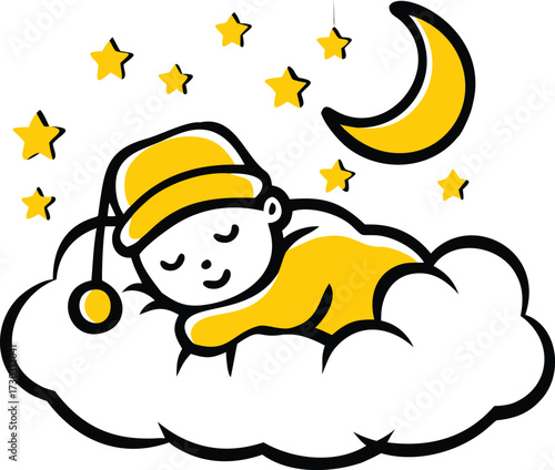 Yellow baby sleeping on cloud with moon and stars vector