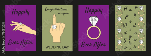 Wedding greeting card collection. Vector illustration of simple gold ring with diamond on the woman hand and Wedding typography template design. Perfect Wedding Shower poster set. Editable EPS 10