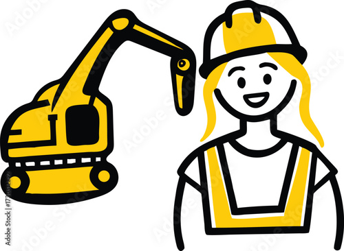 Yellow excavator and construction worker in hard hat and safety vest cartoon vector