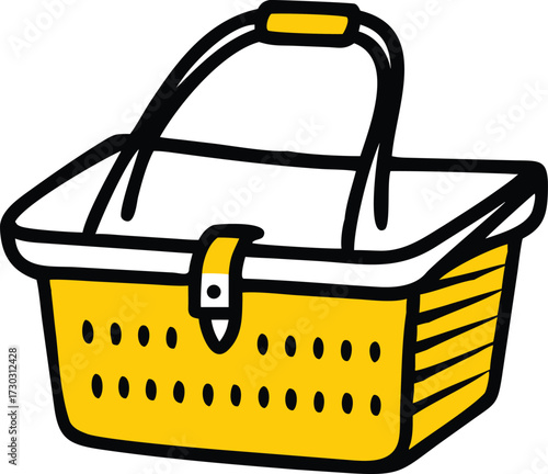 Yellow picnic basket with black handle and white lining vector