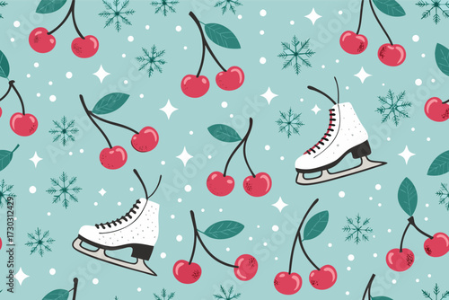 A cute winter pattern featuring ice skates and cherries on a blue background.