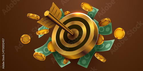 Golden dart target icon with arrow and coins. 3d design of business goal. Success finance marketing strategy. Vector illustration