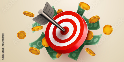 Red dart target icon with arrow and coins. 3d style design of business goal. Success finance marketing strategy. Vector illustration