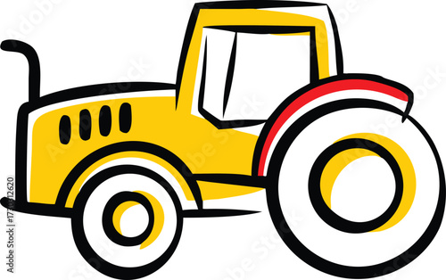 Yellow tractor with black outlines and red accents on white background farm vehicle agriculture